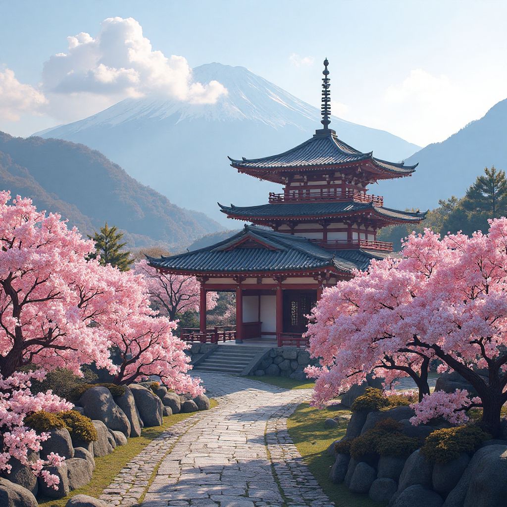 Japanische Tempel mit Kirschblüten
